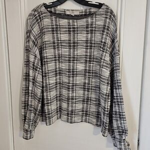 LOFT Women’s XL Boucle Black & White Plaid Long Sleeve Blouse VGUC